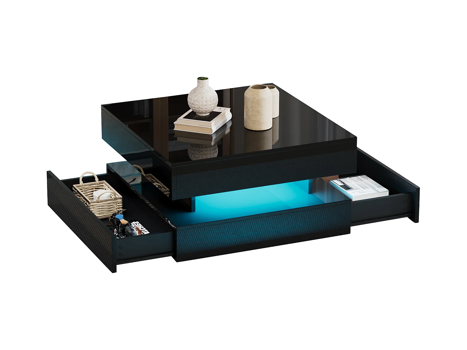 Table basse relevable 65x65x38.5 cm - finition brillante - avec éclairage LED - 2 tiroirs - noir