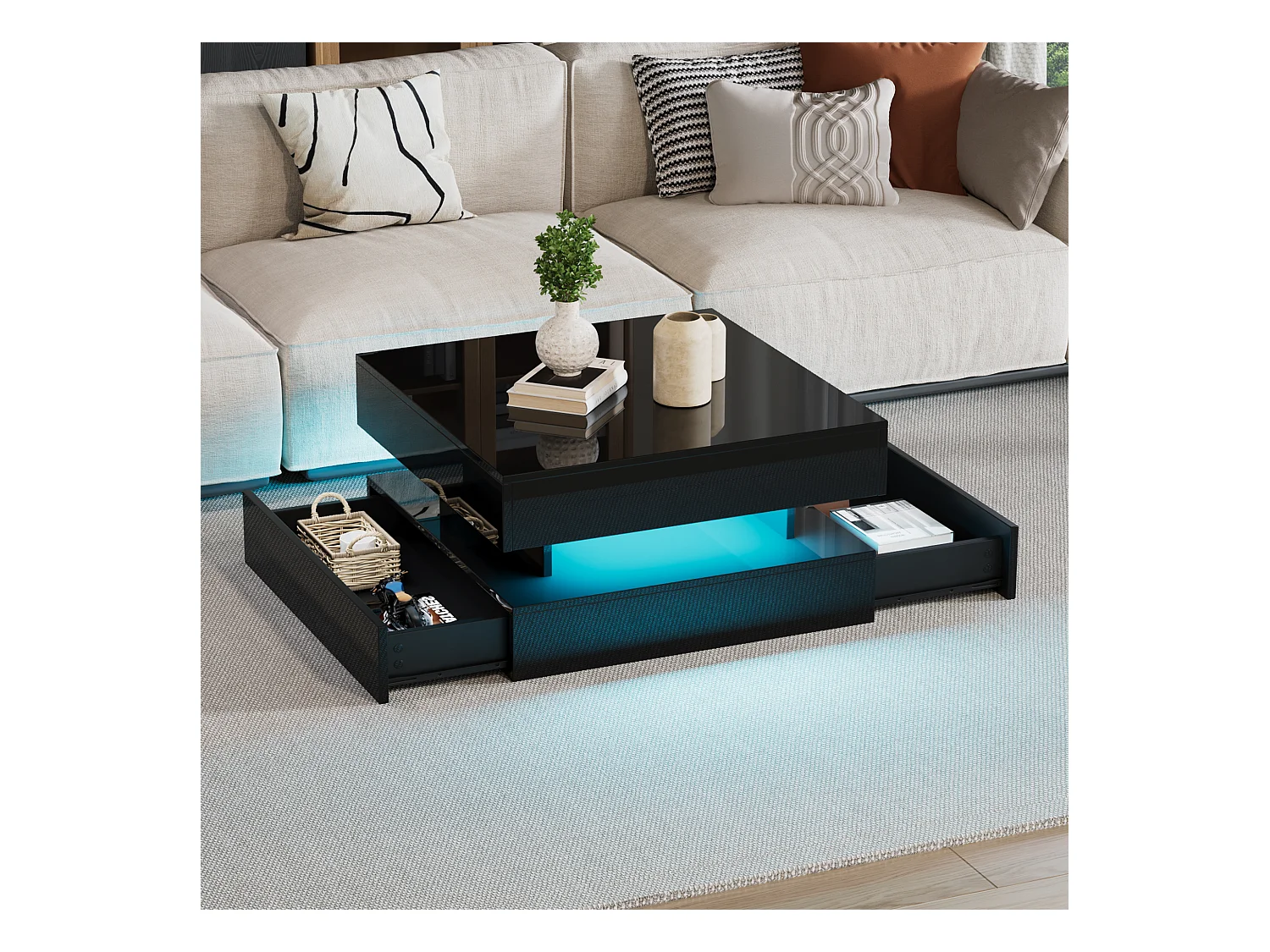 Table basse relevable 65x65x38.5 cm - finition brillante - avec éclairage LED - 2 tiroirs - noir