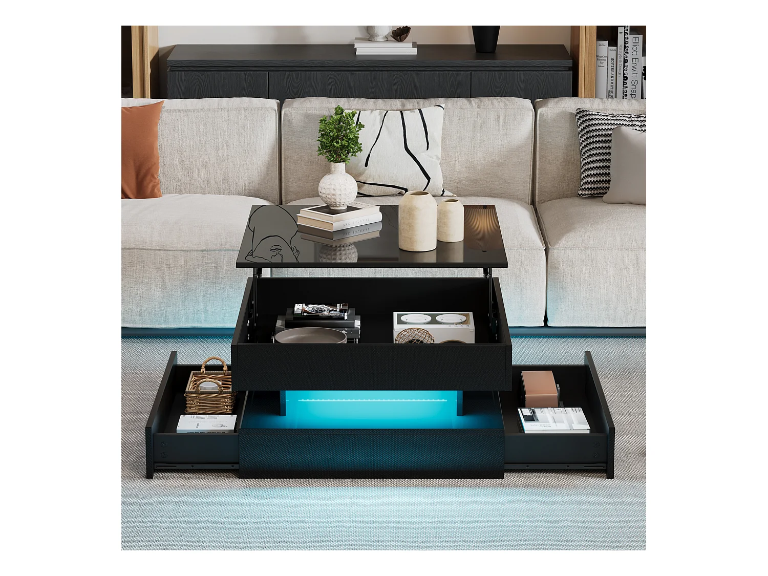 Table basse relevable 65x65x38.5 cm - finition brillante - avec éclairage LED - 2 tiroirs - noir