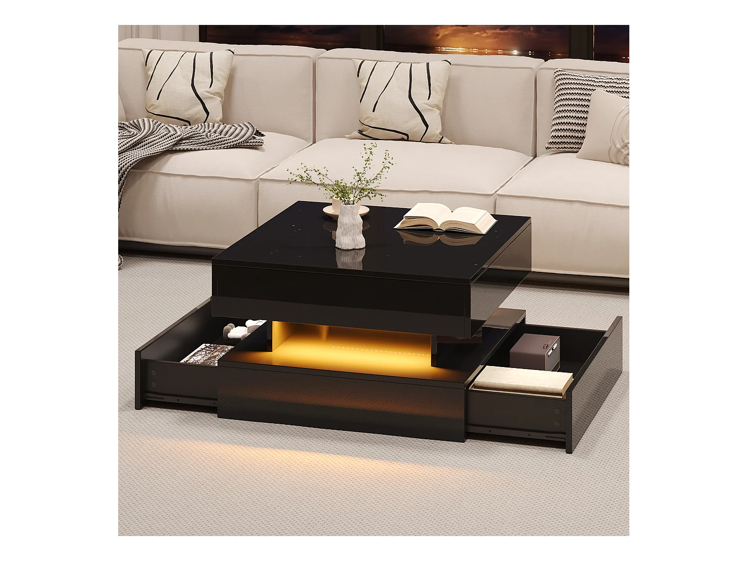 Table basse relevable 65x65x38.5 cm - finition brillante - avec éclairage LED - 2 tiroirs - noir