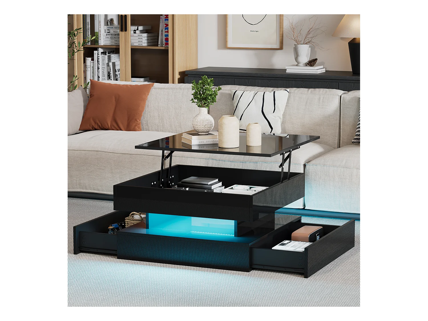 Table basse relevable 65x65x38.5 cm - finition brillante - avec éclairage LED - 2 tiroirs - noir