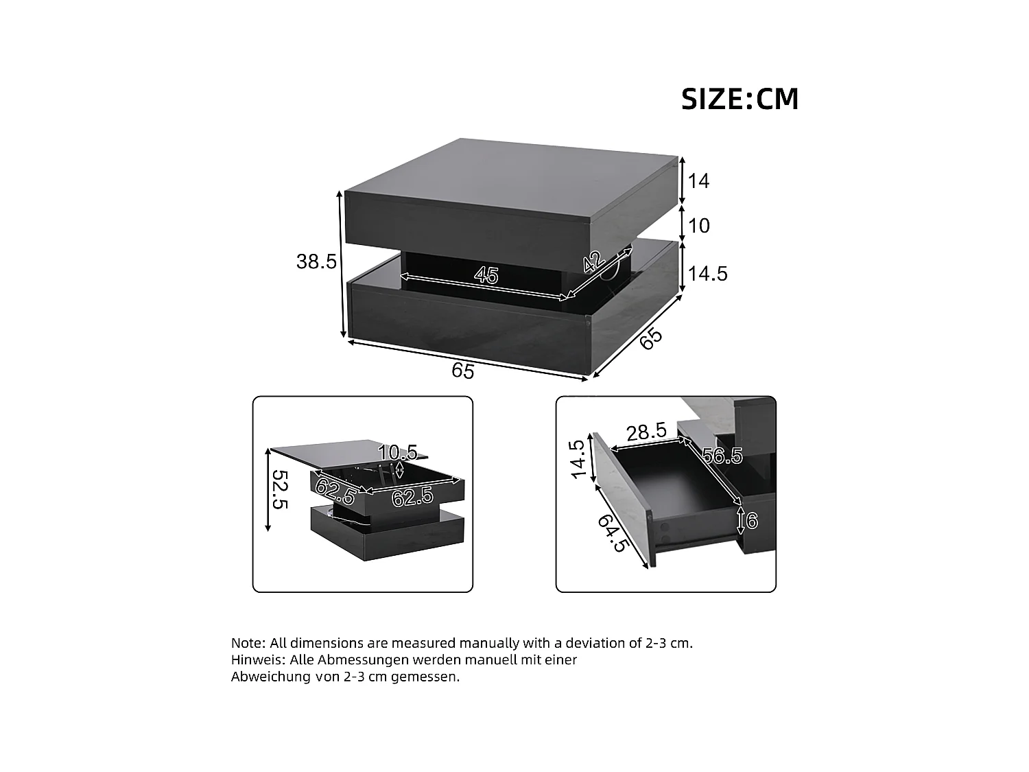 Table basse relevable 65x65x38.5 cm - finition brillante - avec éclairage LED - 2 tiroirs - noir