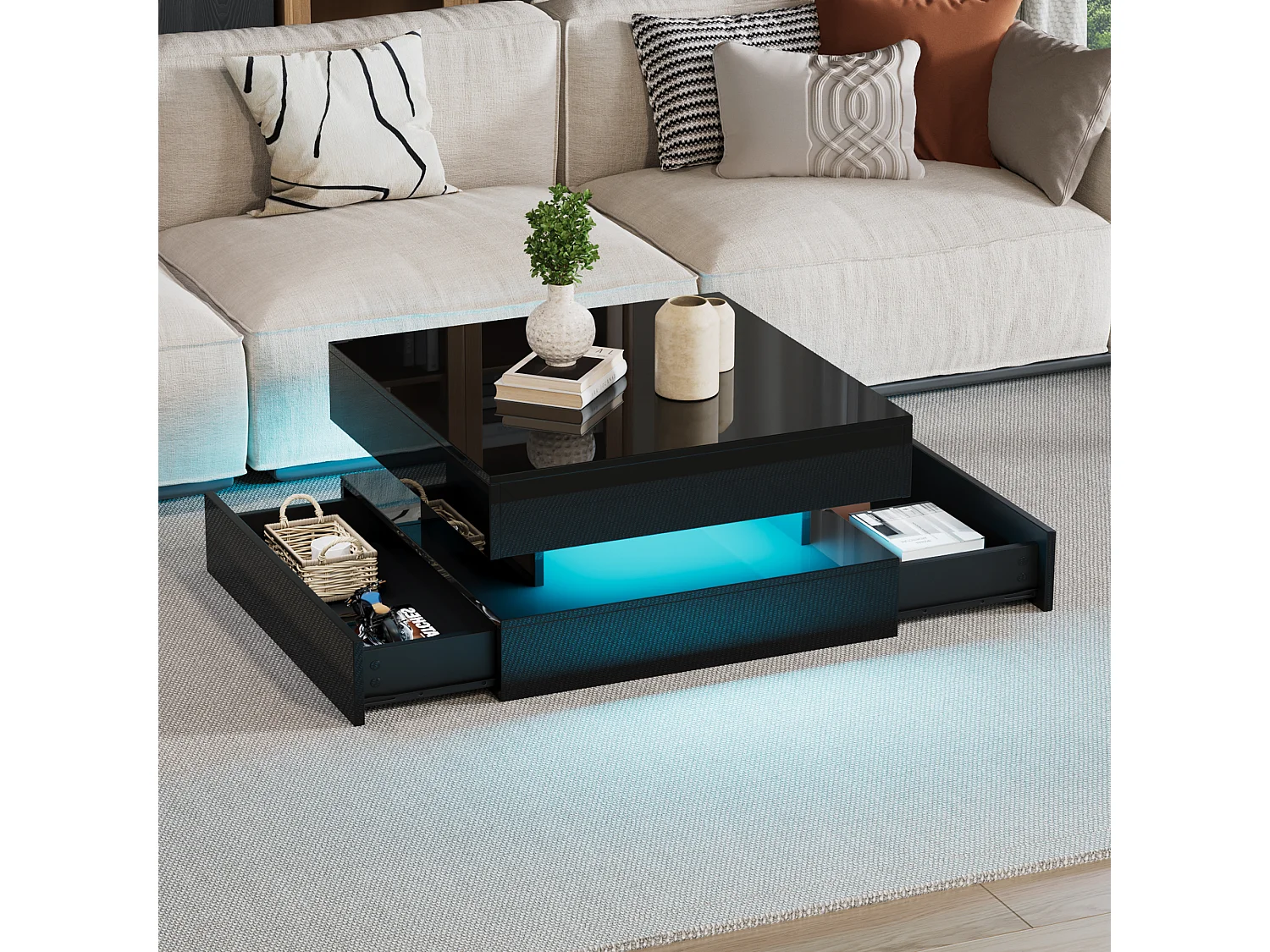 Höhenverstellbarer Couchtisch 65×65×38,5 cm - Hochglanz-Finish - mit LED-Beleuchtung - 2 Schubladen - schwarz