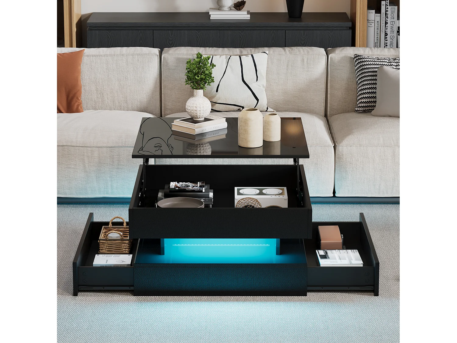 Höhenverstellbarer Couchtisch 65×65×38,5 cm - Hochglanz-Finish - mit LED-Beleuchtung - 2 Schubladen - schwarz