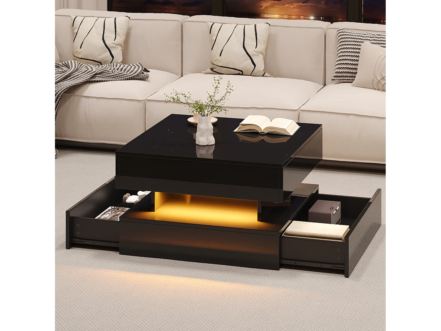 Höhenverstellbarer Couchtisch 65×65×38,5 cm - Hochglanz-Finish - mit LED-Beleuchtung - 2 Schubladen - schwarz