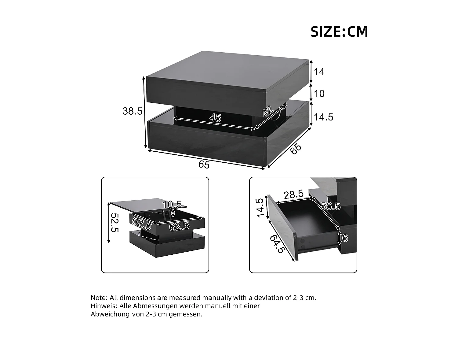 Höhenverstellbarer Couchtisch 65×65×38,5 cm - Hochglanz-Finish - mit LED-Beleuchtung - 2 Schubladen - schwarz