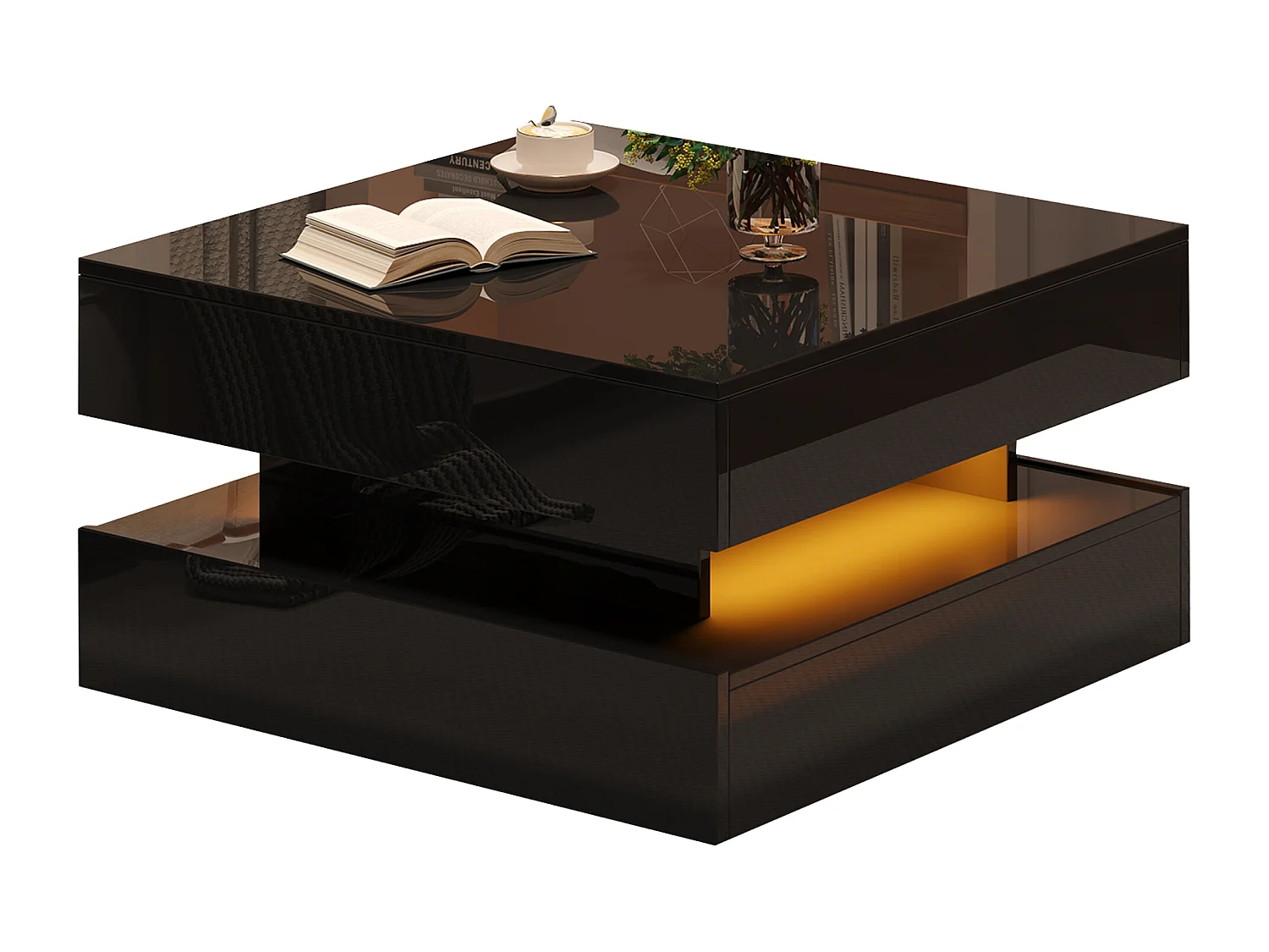 Höhenverstellbarer Couchtisch 65×65×38,5 cm - Hochglanz-Finish - mit LED-Beleuchtung - 2 Schubladen - schwarz