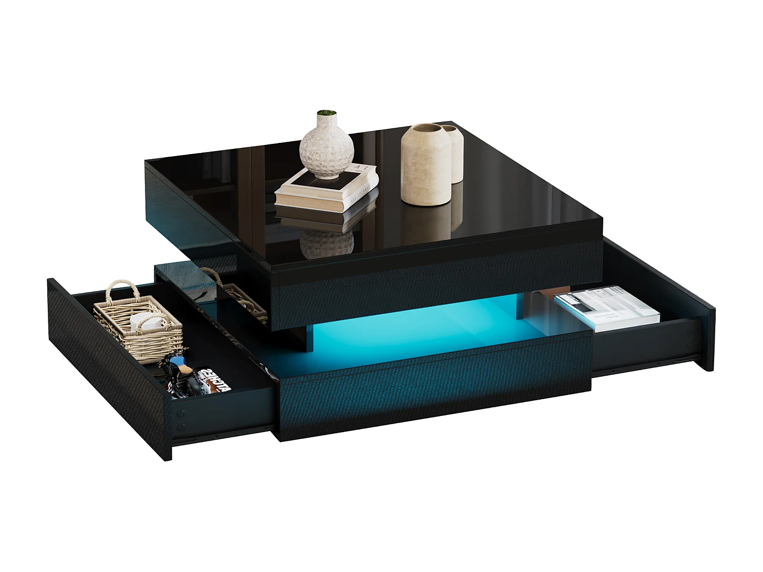 Höhenverstellbarer Couchtisch 65×65×38,5 cm - Hochglanz-Finish - mit LED-Beleuchtung - 2 Schubladen - schwarz