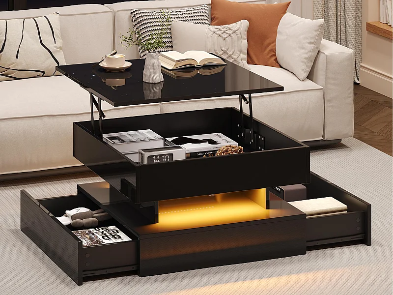 Höhenverstellbarer Couchtisch 65×65×38,5 cm - Hochglanz-Finish - mit LED-Beleuchtung - 2 Schubladen - schwarz