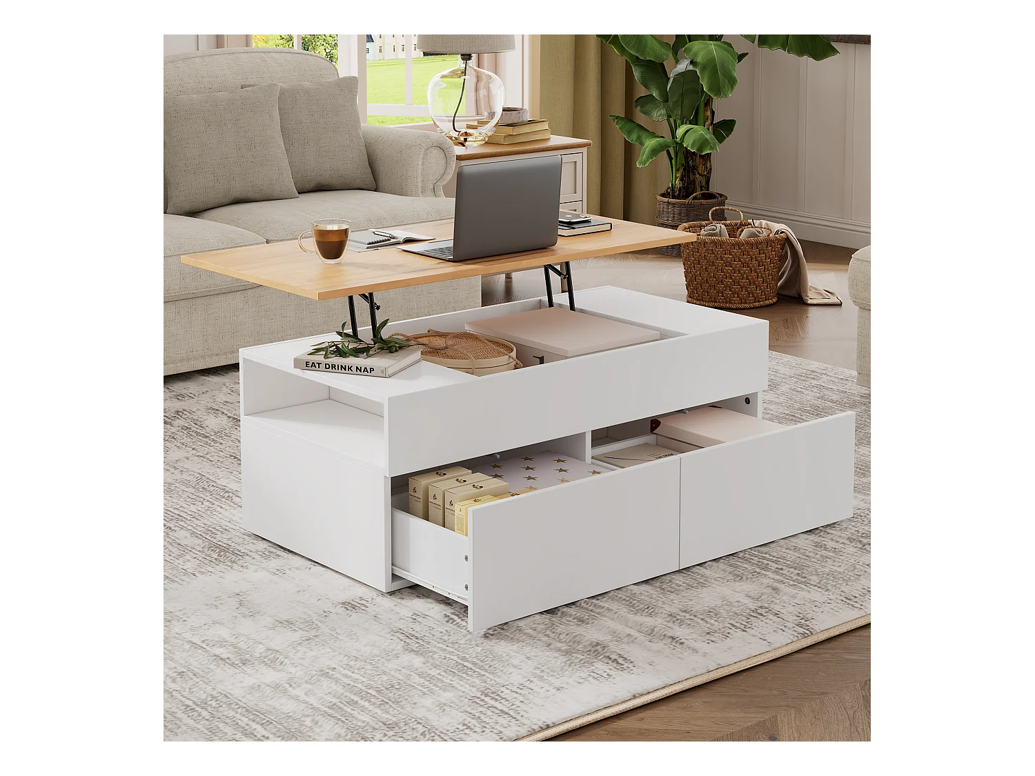 Table basse relevable - 100 x 50 x 40 cm - avec rangement caché + 2 tiroirs - aggloméré - blanc