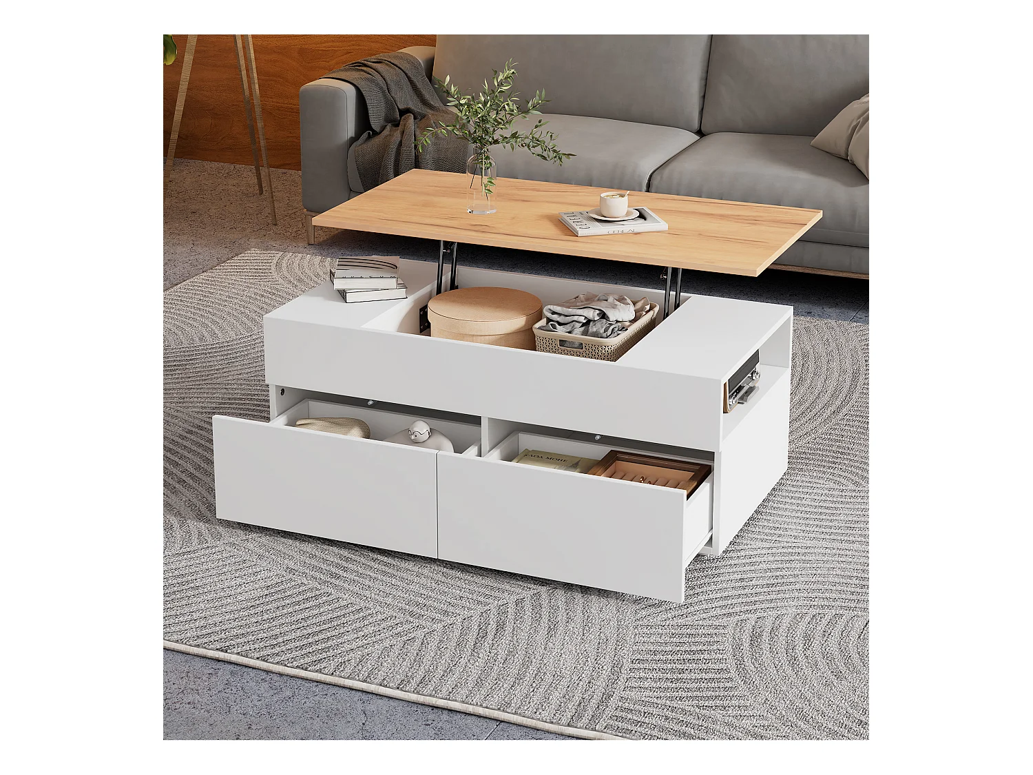 Opklapbare salontafel - 100 x 50 x 40 cm - met verborgen opbergruimte + 2 lades - spaanplaat - wit
