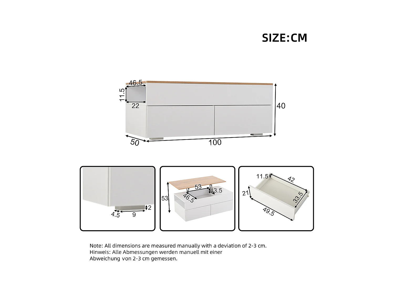 Opklapbare salontafel - 100 x 50 x 40 cm - met verborgen opbergruimte + 2 lades - spaanplaat - wit