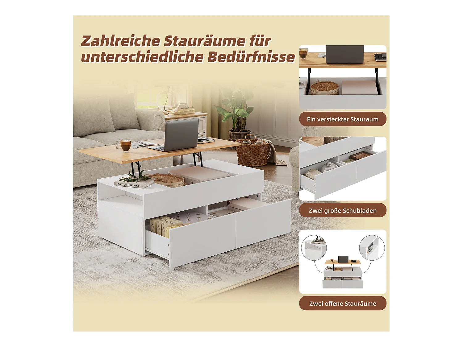 Opklapbare salontafel - 100 x 50 x 40 cm - met verborgen opbergruimte + 2 lades - spaanplaat - wit