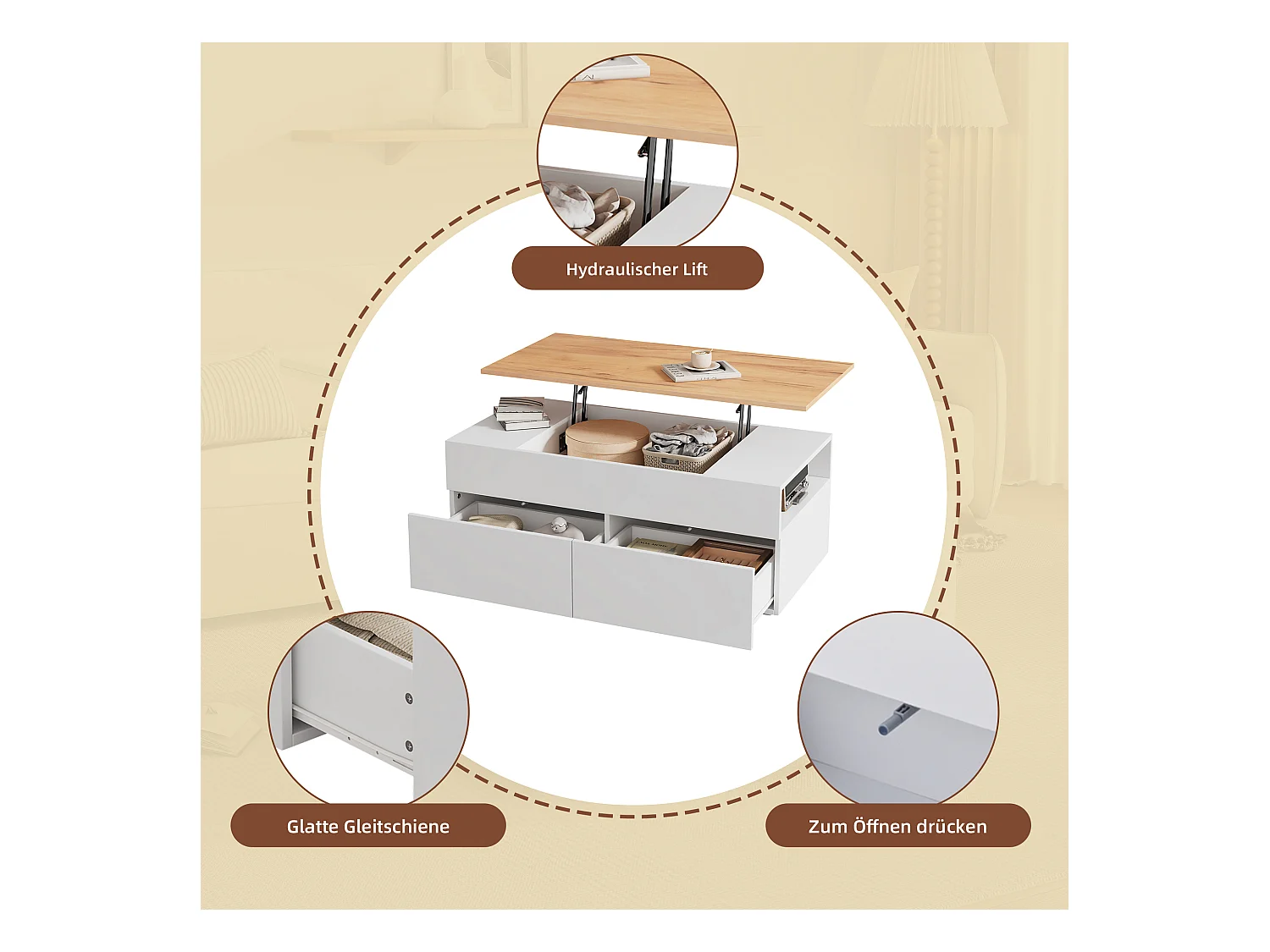 Opklapbare salontafel - 100 x 50 x 40 cm - met verborgen opbergruimte + 2 lades - spaanplaat - wit