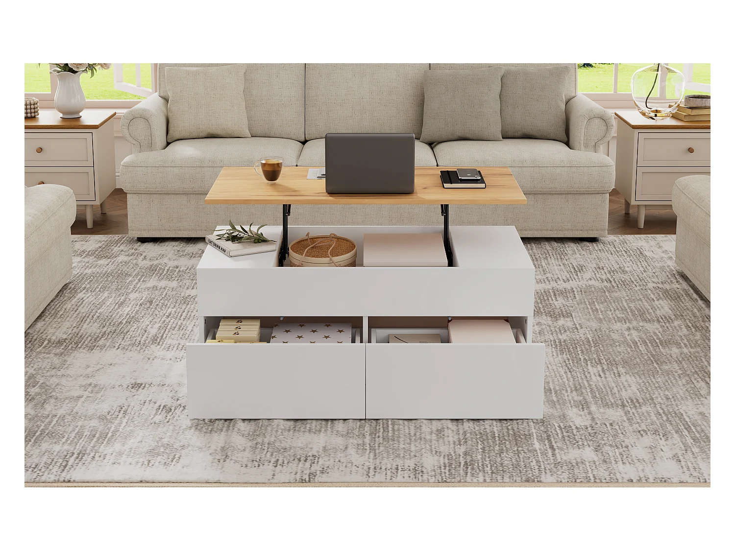 Opklapbare salontafel - 100 x 50 x 40 cm - met verborgen opbergruimte + 2 lades - spaanplaat - wit