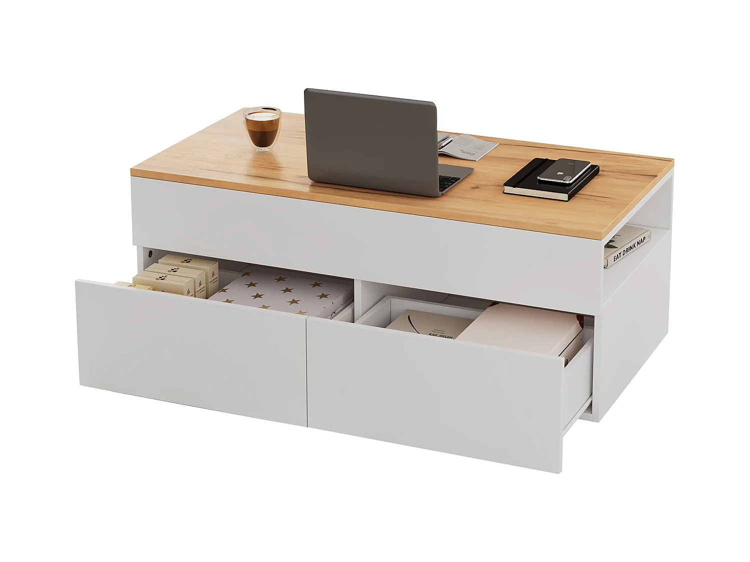 Opklapbare salontafel - 100 x 50 x 40 cm - met verborgen opbergruimte + 2 lades - spaanplaat - wit