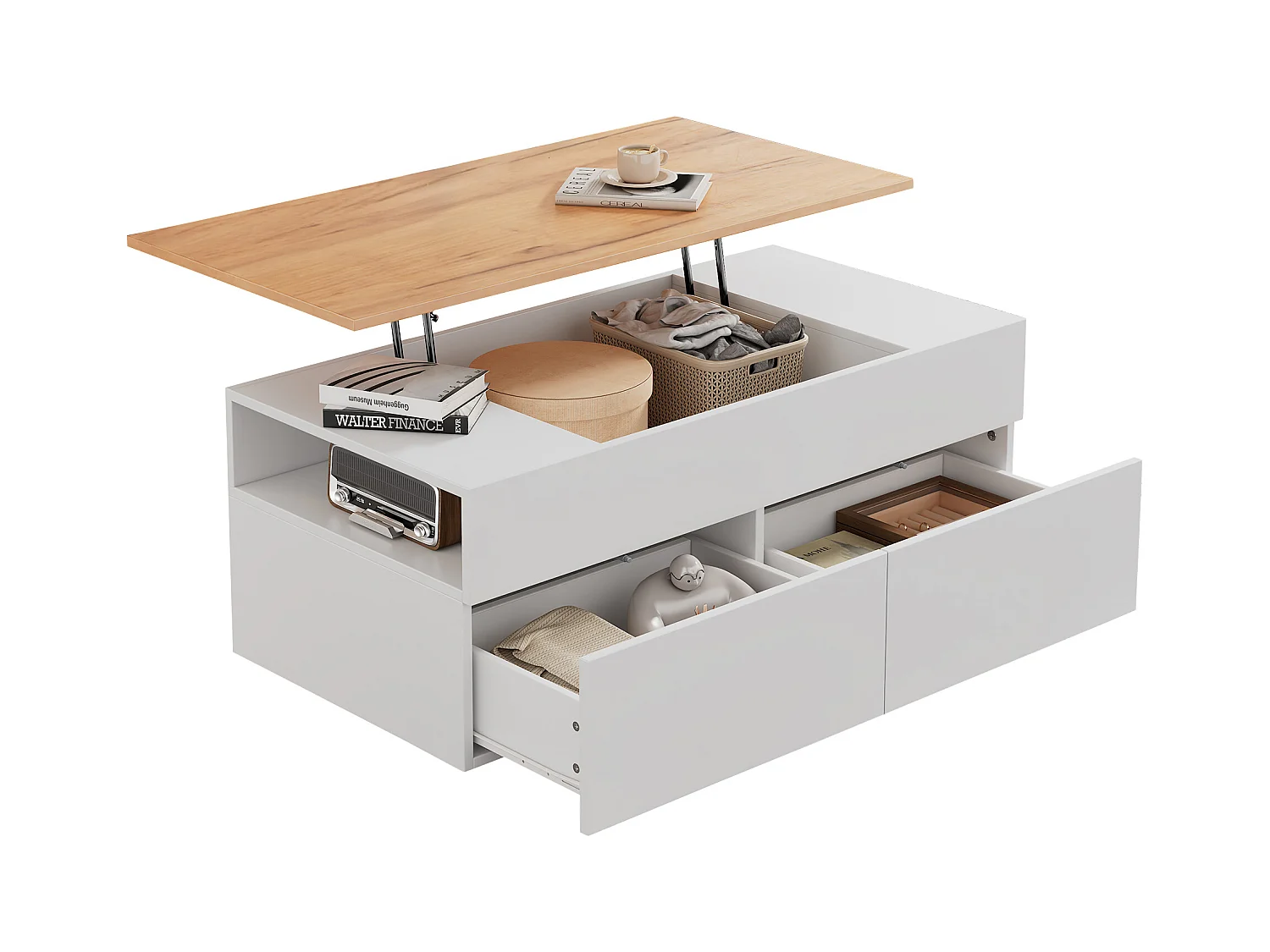 Opklapbare salontafel - 100 x 50 x 40 cm - met verborgen opbergruimte + 2 lades - spaanplaat - wit