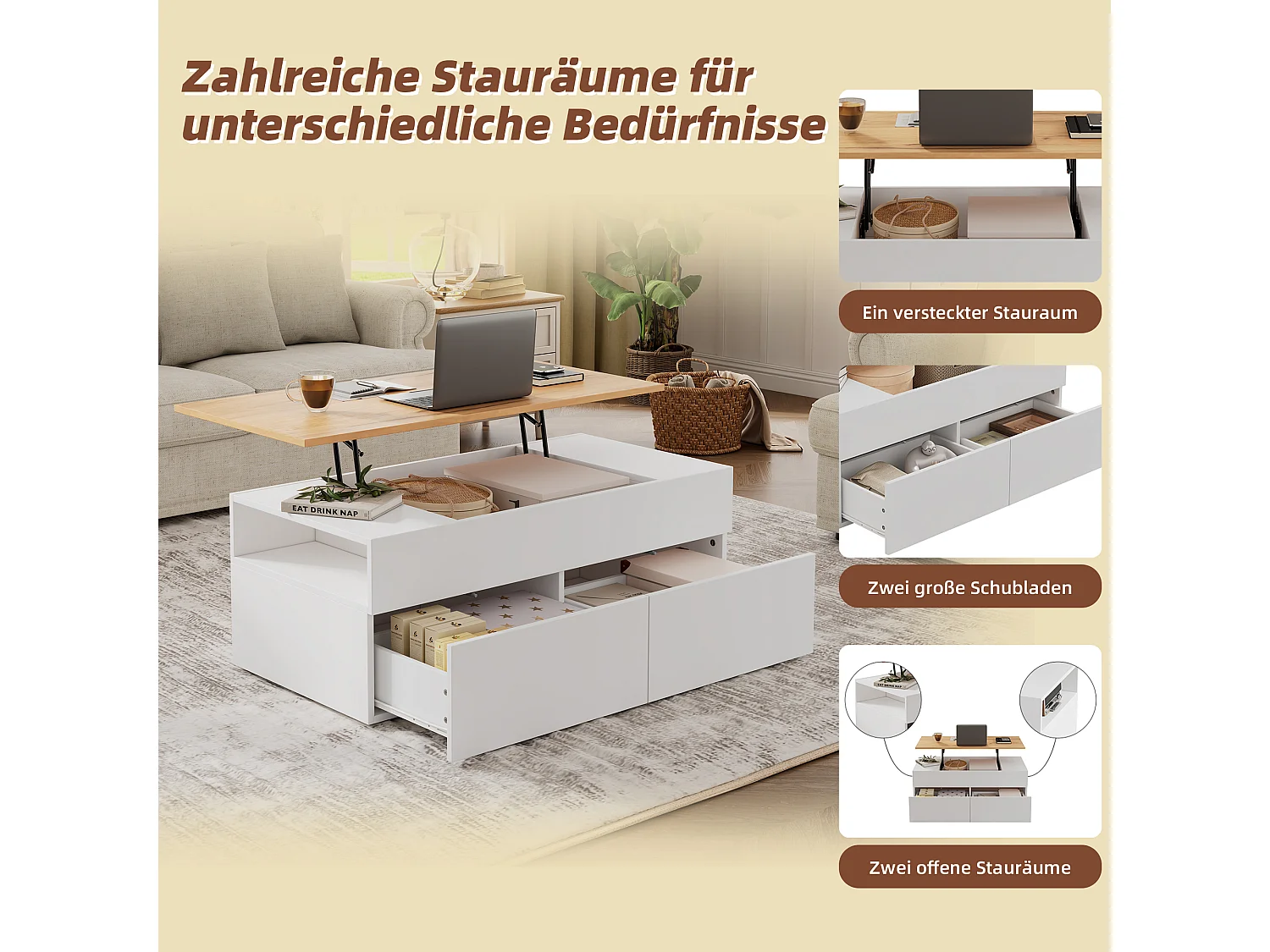 Stolik kawowy podnoszony - 100 x 50 x 40 cm - z ukrytym schowkiem + 2 szuflady - płyta wiórowa - biały