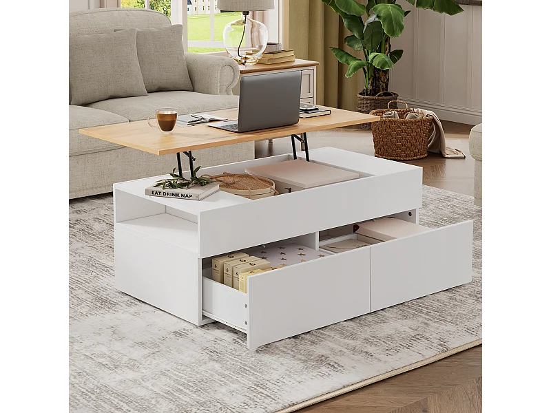 Opklapbare salontafel - 100 x 50 x 40 cm - met verborgen opbergruimte + 2 lades - spaanplaat - wit