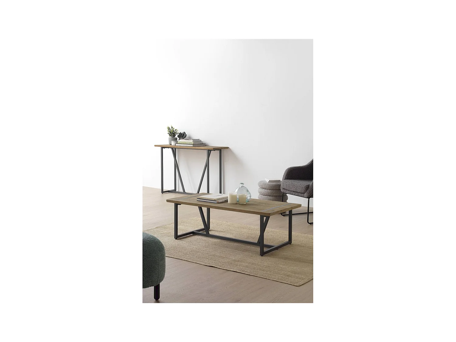 Table basse métal et bois d'inspiration industrielle naturelle