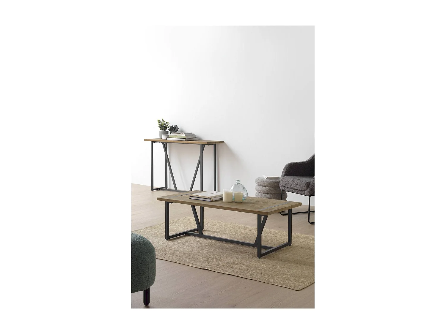 Table basse métal et bois d'inspiration industrielle naturelle