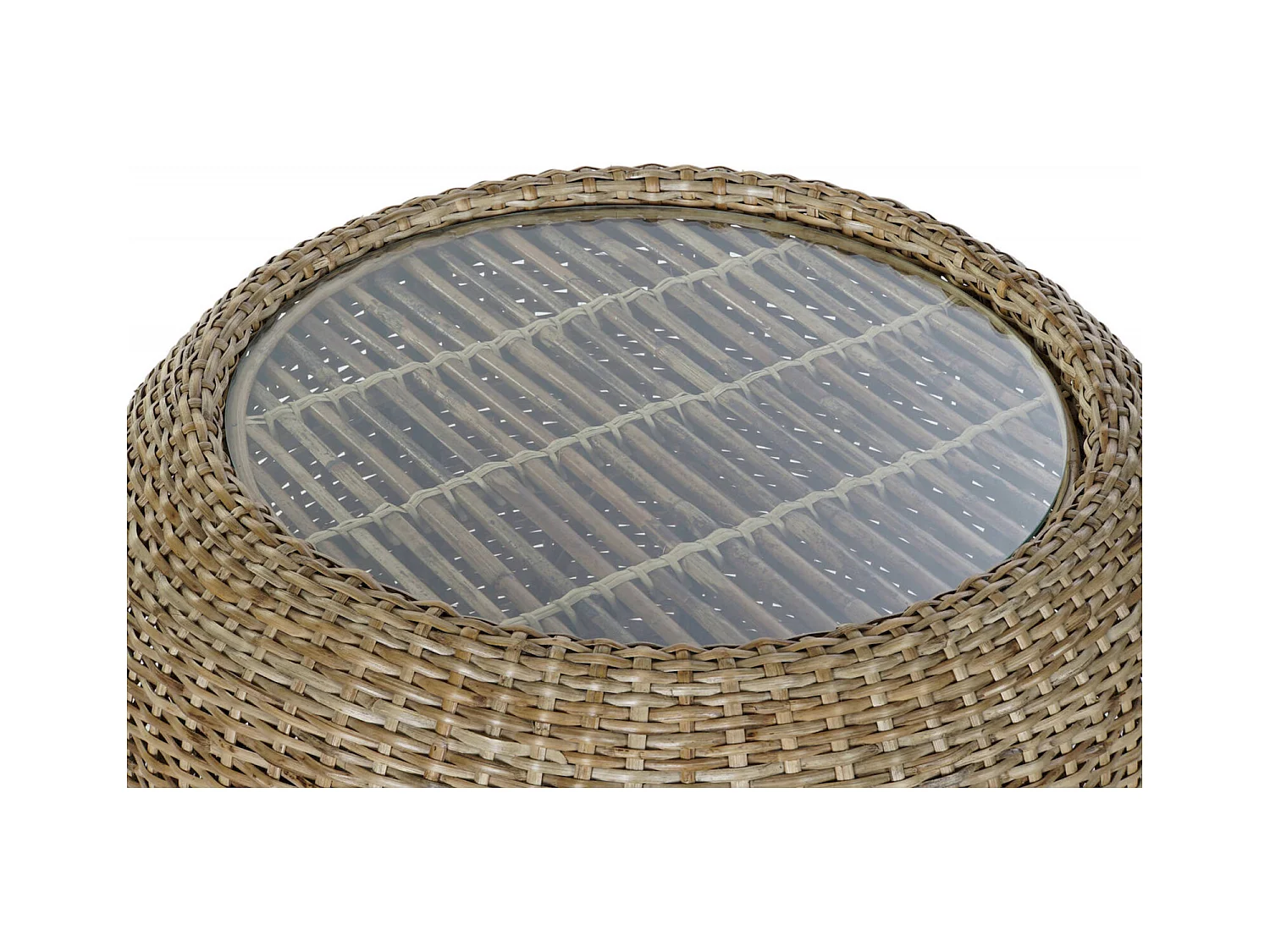 Table basse élégance rustique en rotin et verre