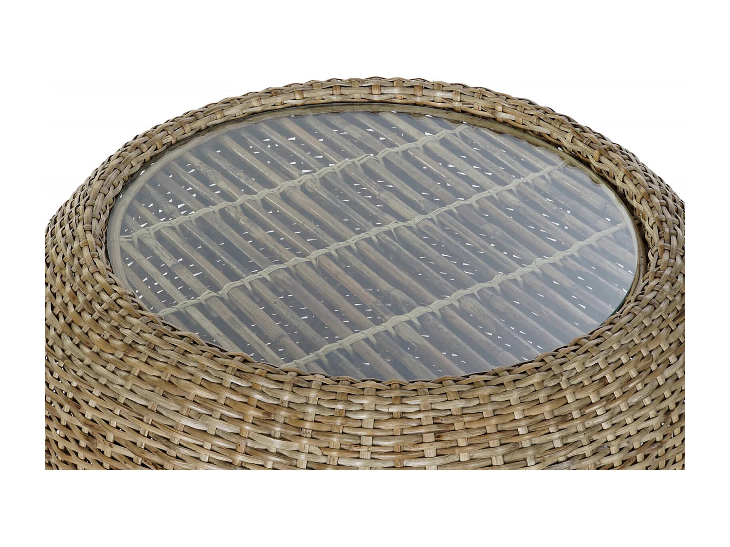 Table basse élégance rustique en rotin et verre