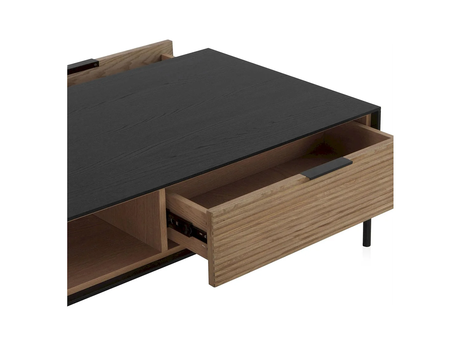 Table basse bois noir avec tiroirs et piètement métal noir