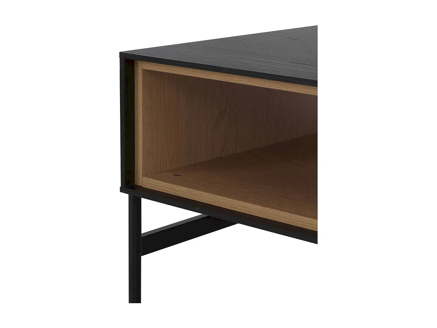 Table basse bois noir avec tiroirs et piètement métal noir