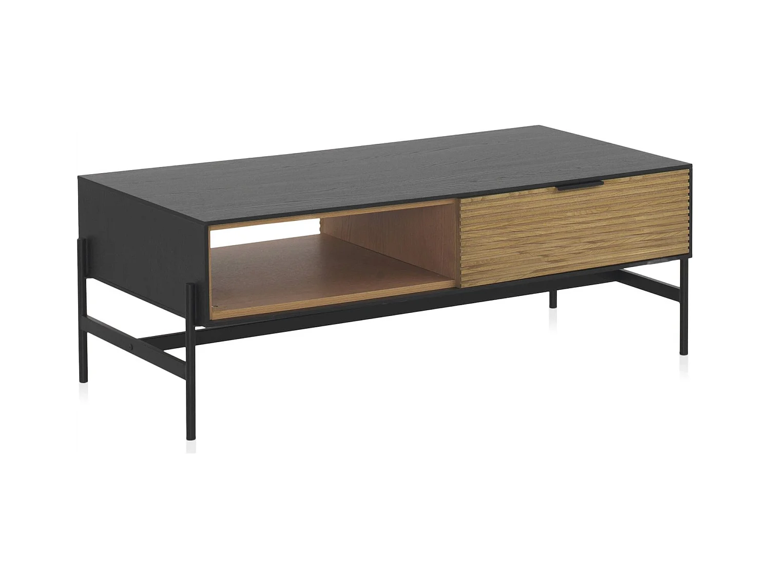Table basse bois noir avec tiroirs et piètement métal noir
