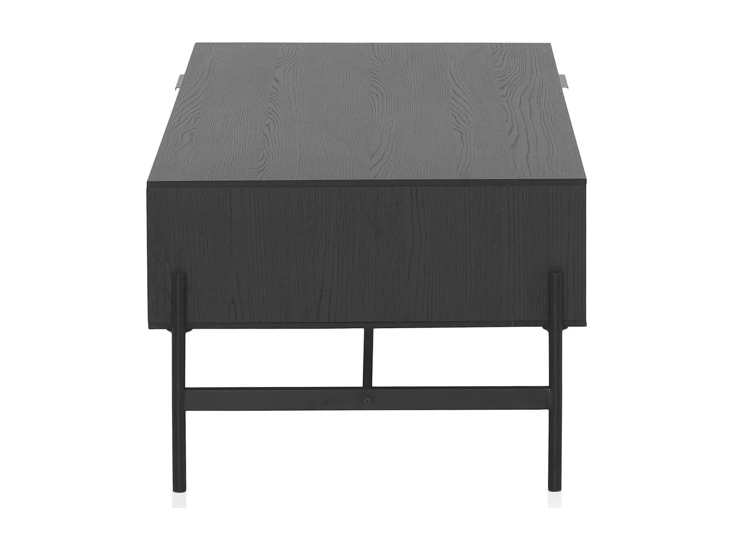 Table basse bois noir avec tiroirs et piètement métal noir
