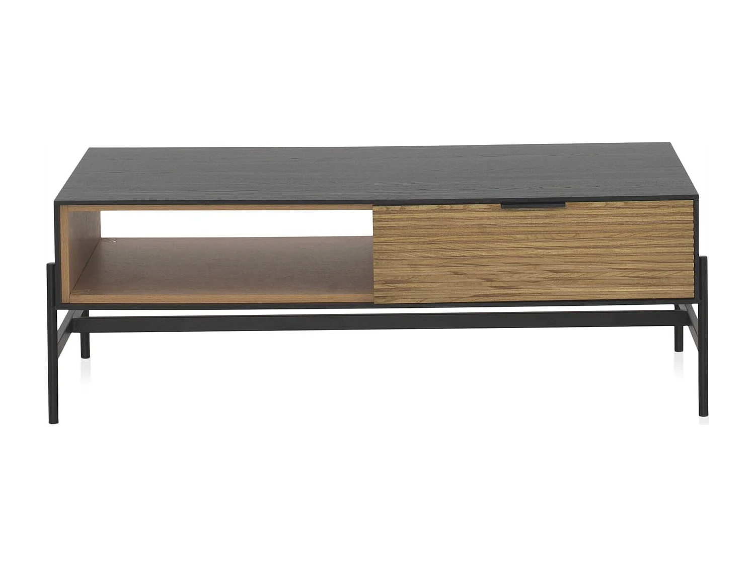 Table basse bois noir avec tiroirs et piètement métal noir