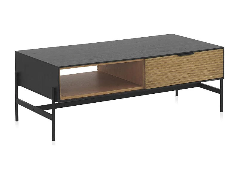 Table basse bois noir avec tiroirs et piètement métal noir