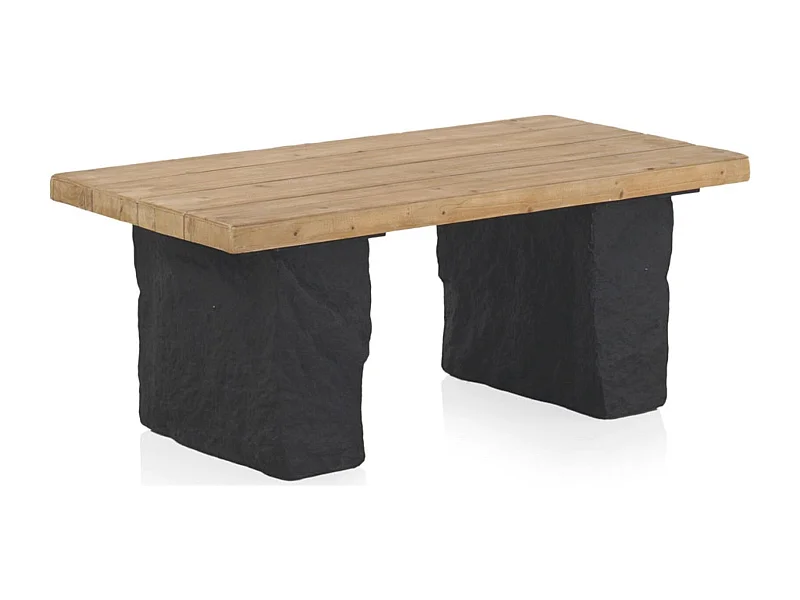 Table basse rectangulaire bois naturel et base effet pierre noire