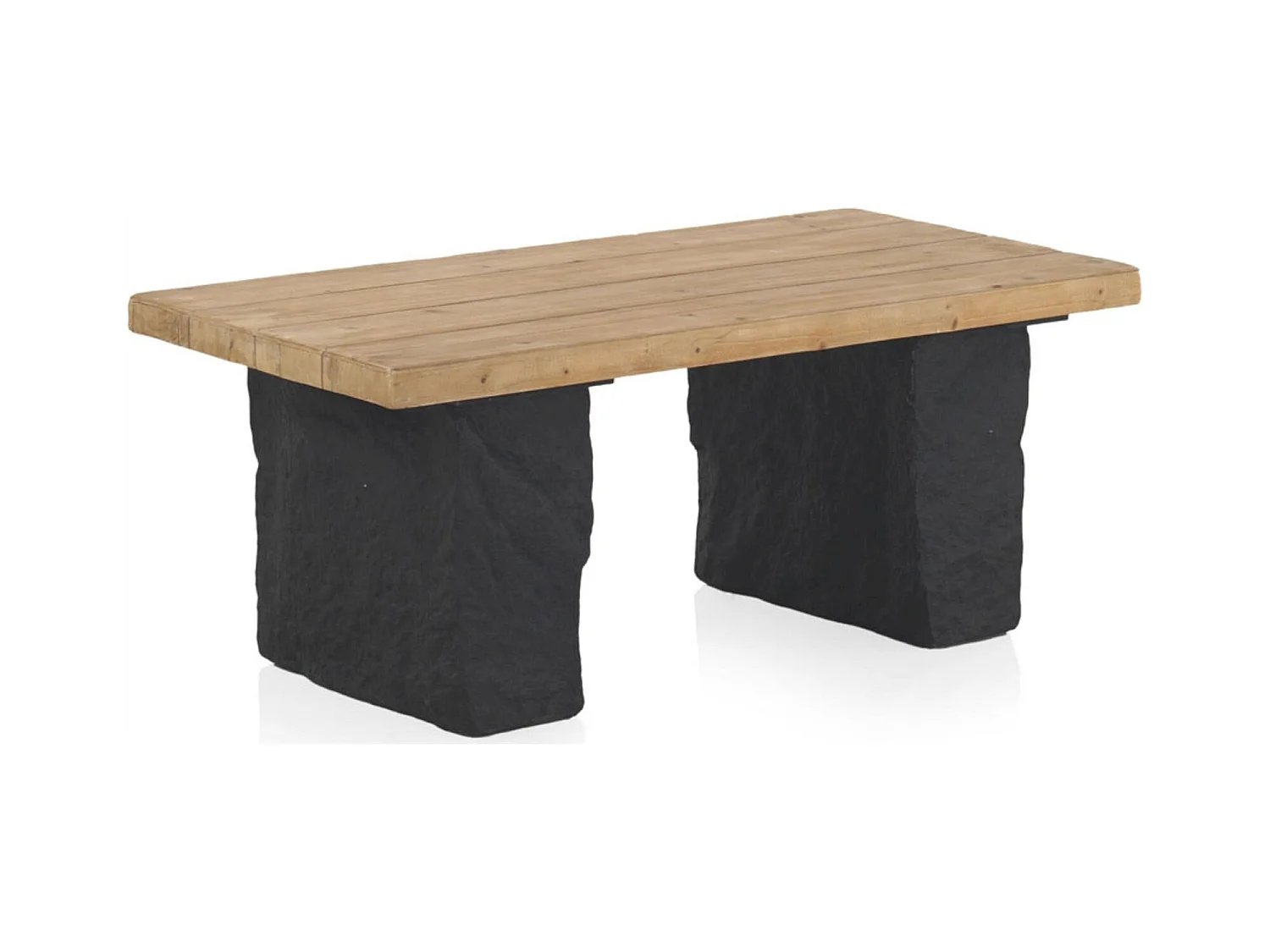 Table basse rectangulaire bois naturel et base effet pierre noire