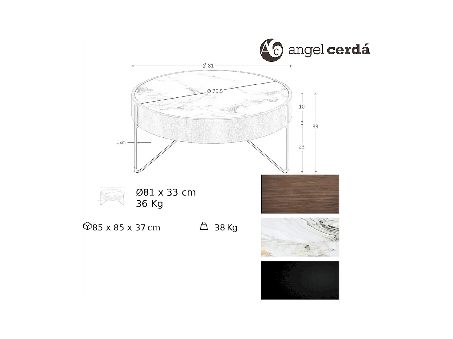 Table basse ronde en noyer et marbre blanc Angel Cerda