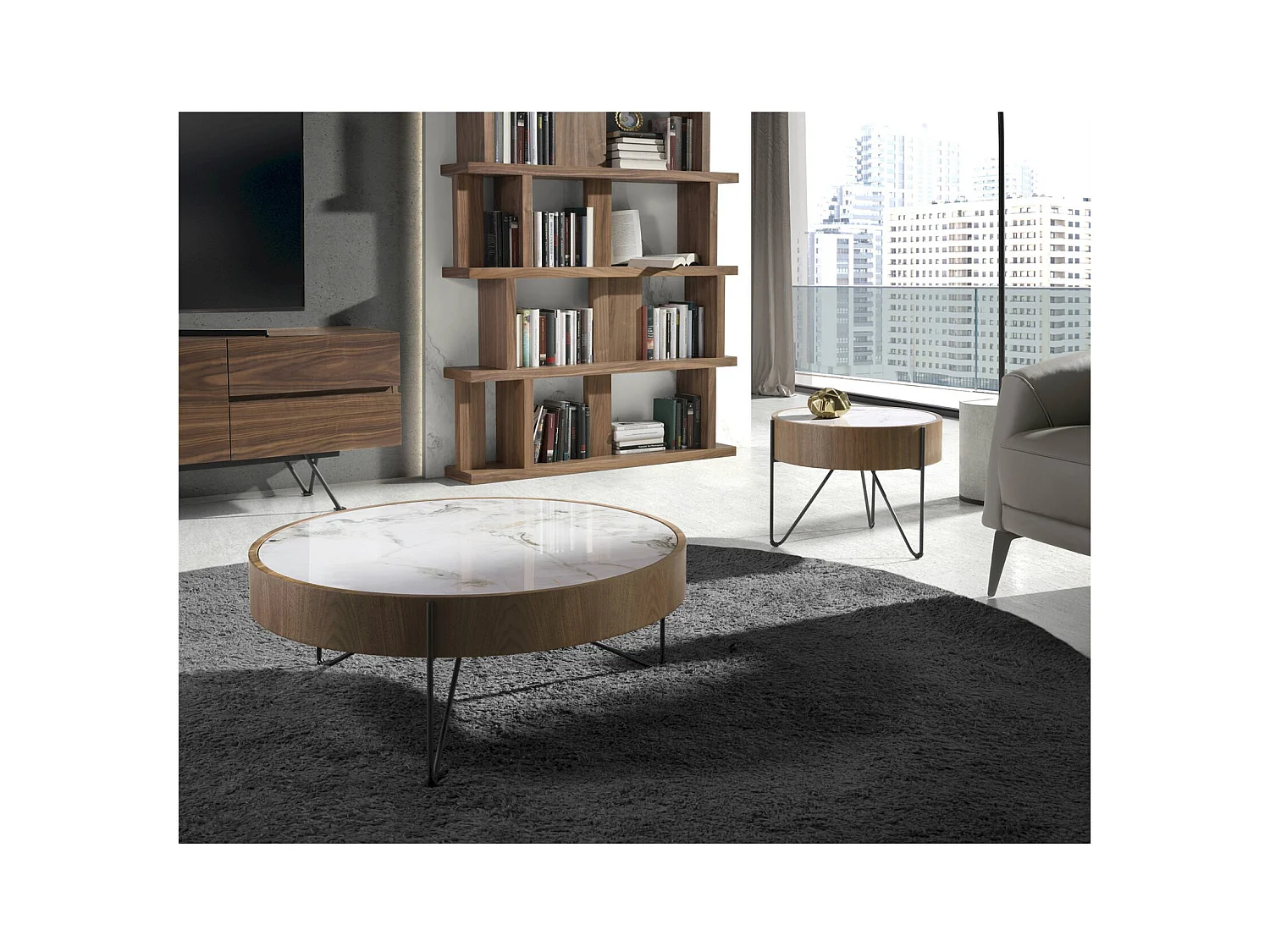 Table basse ronde en noyer et marbre blanc Angel Cerda