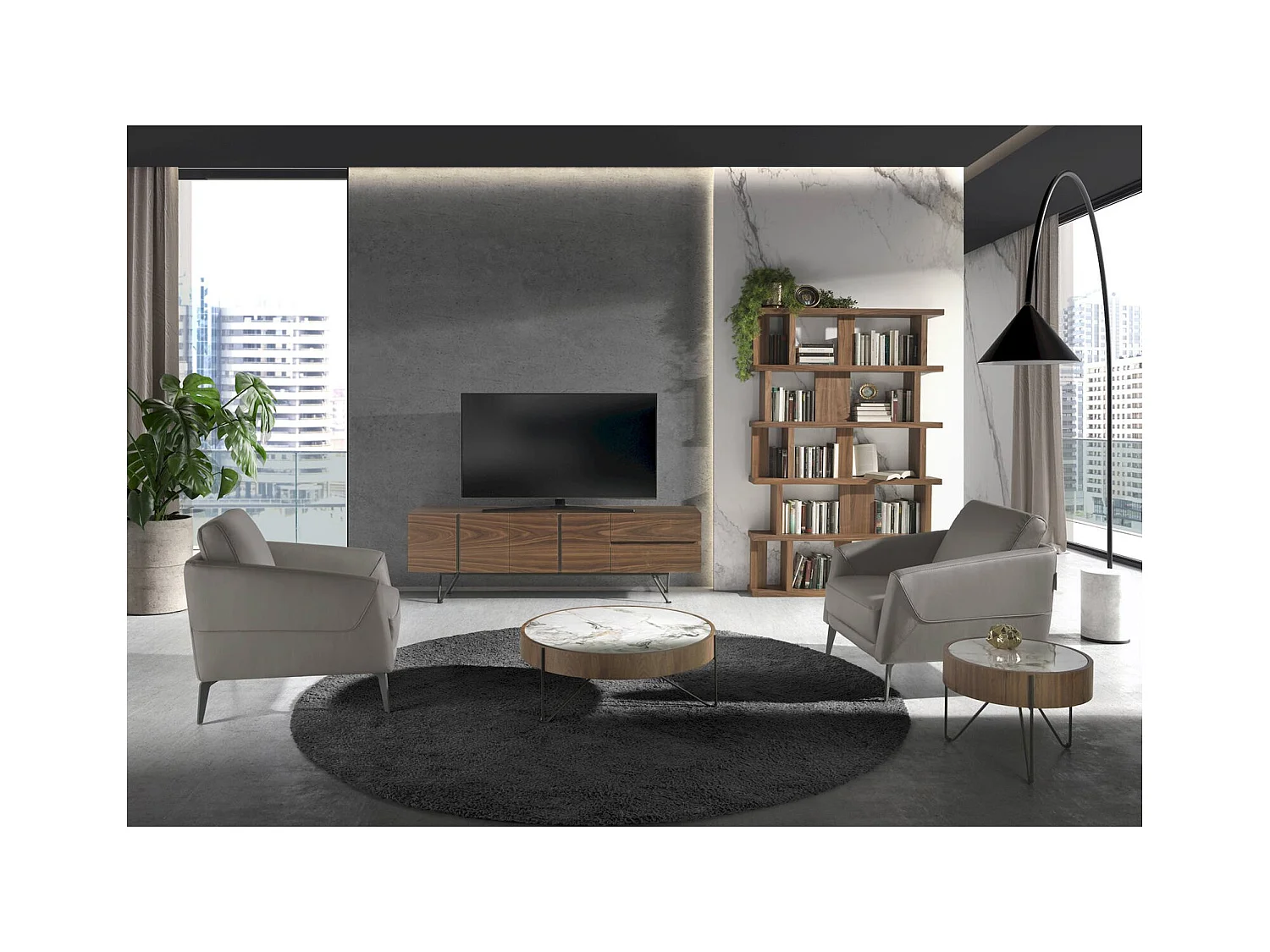 Table basse ronde en noyer et marbre blanc Angel Cerda