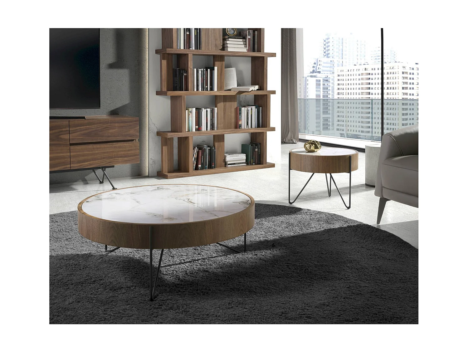 Table basse ronde en noyer et marbre blanc Angel Cerda