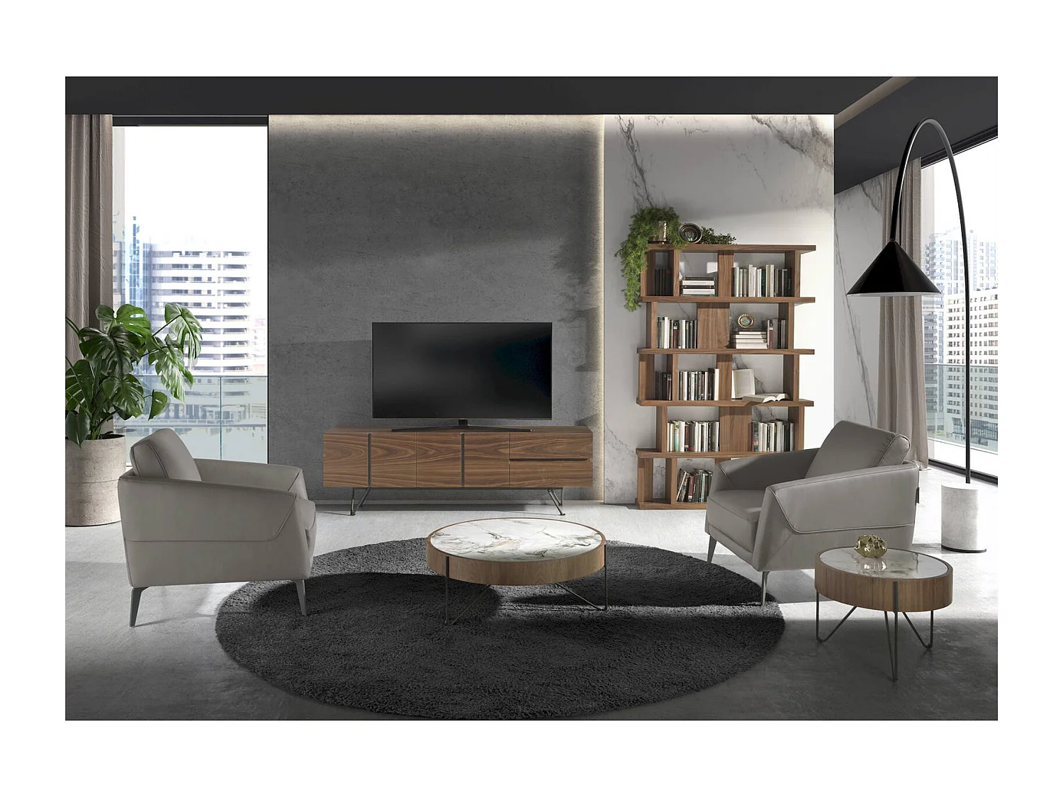 Table basse ronde en noyer et marbre blanc Angel Cerda