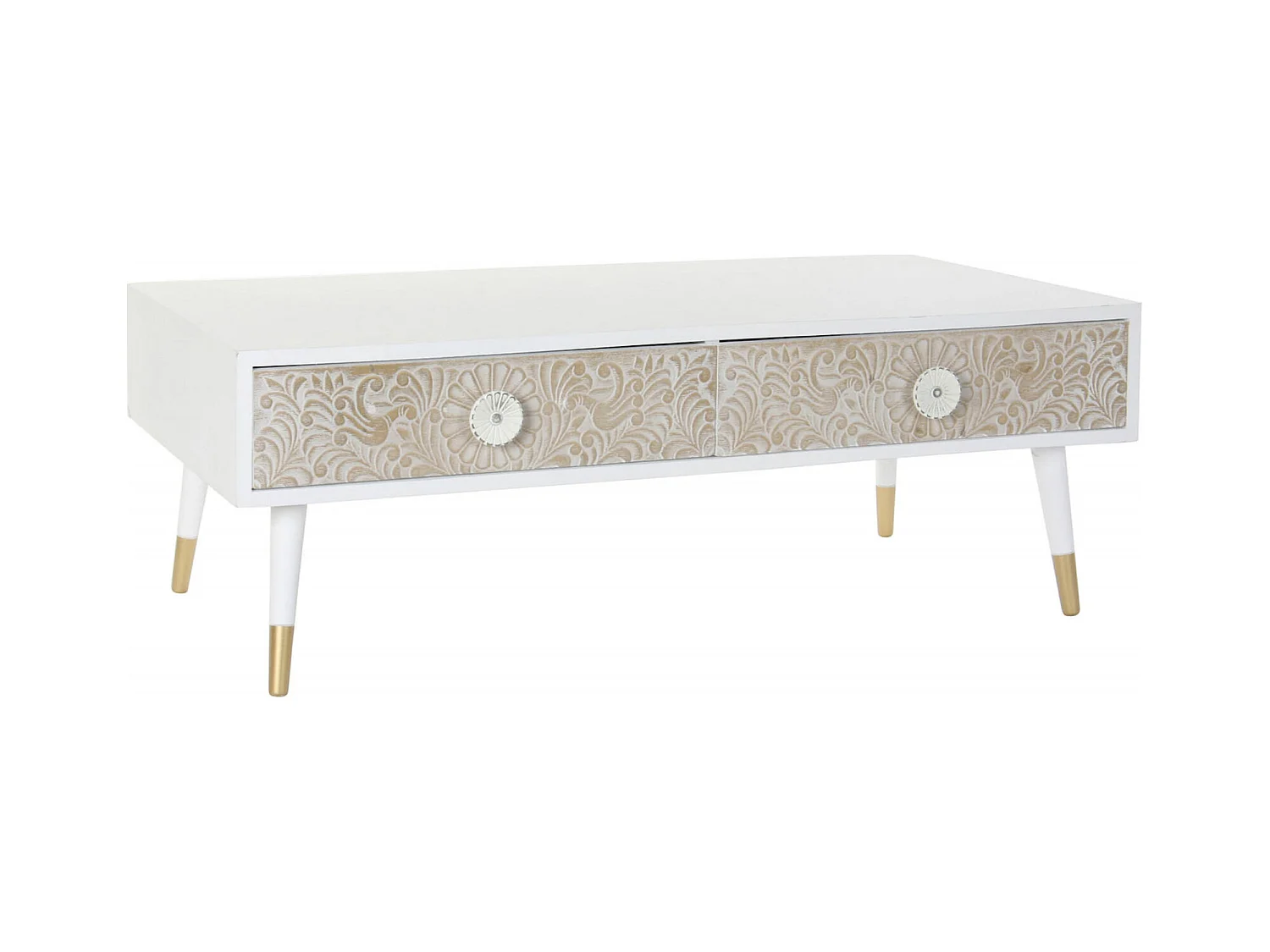 Table basse mandala épicéa bicolore avec tiroirs