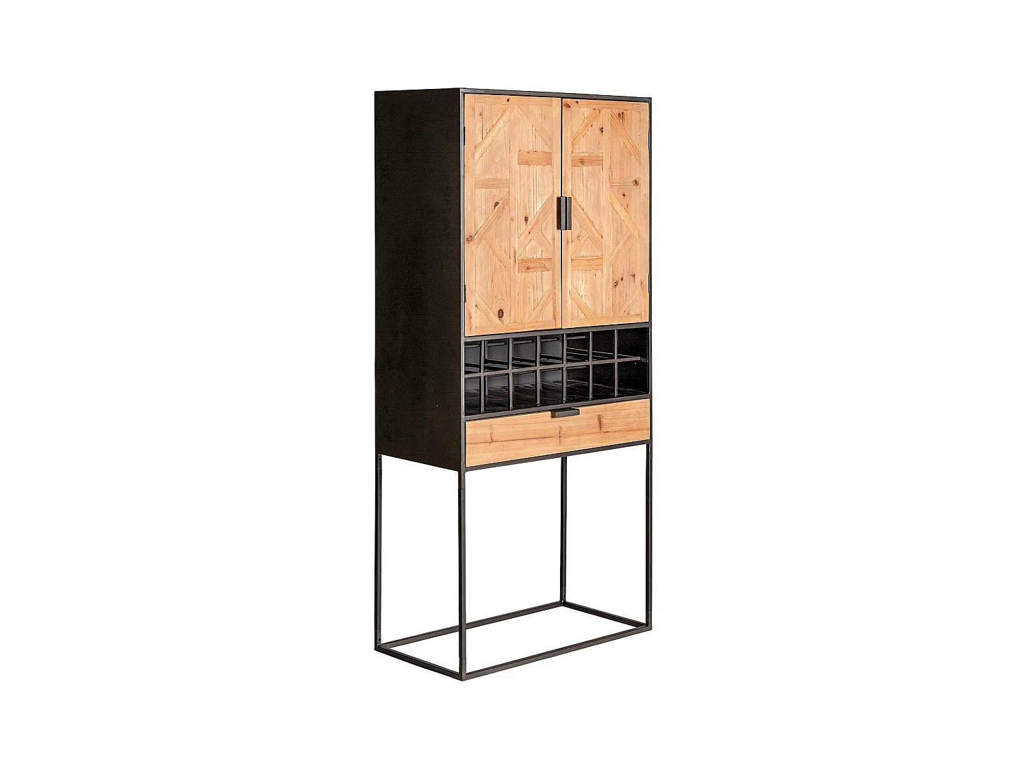 Armoire en bois clair et métal avec casiers de rangement