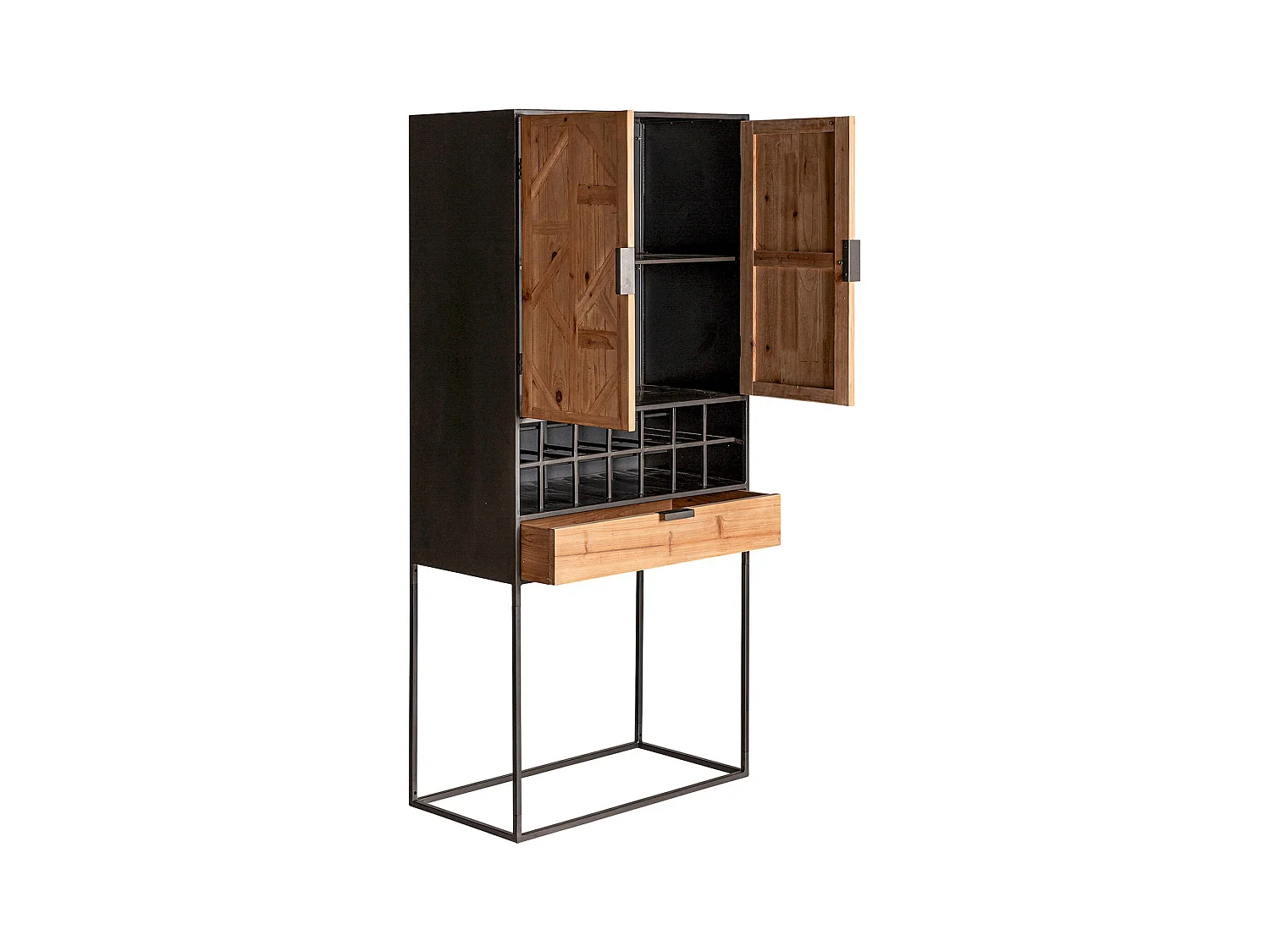 Armoire en bois clair et métal avec casiers de rangement