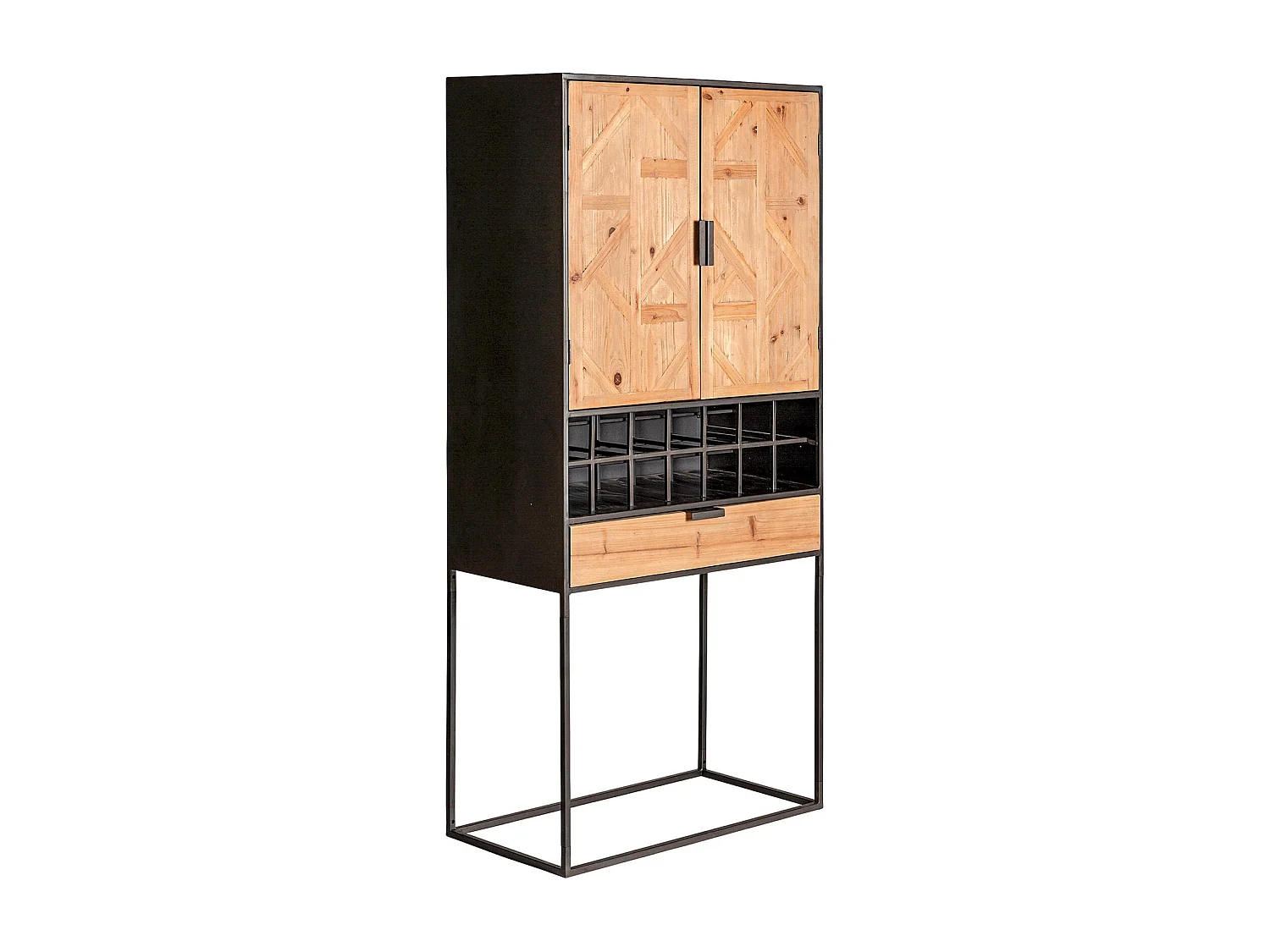 Armoire en bois clair et métal avec casiers de rangement