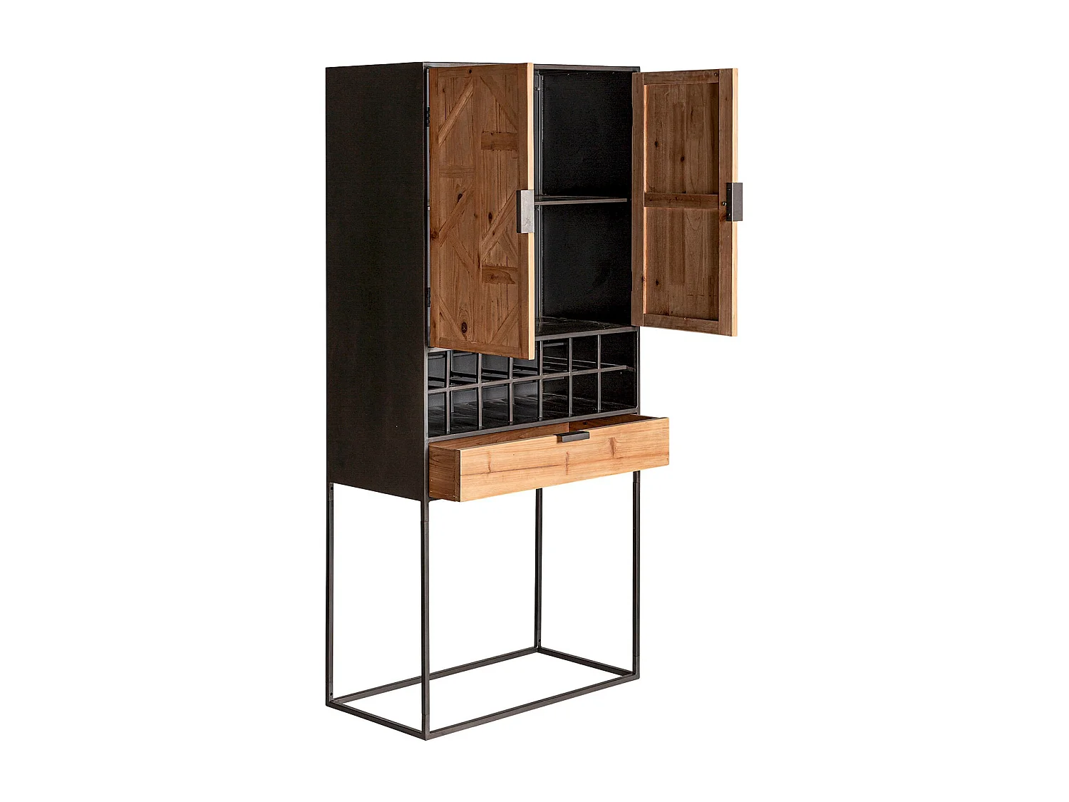 Armoire en bois clair et métal avec casiers de rangement