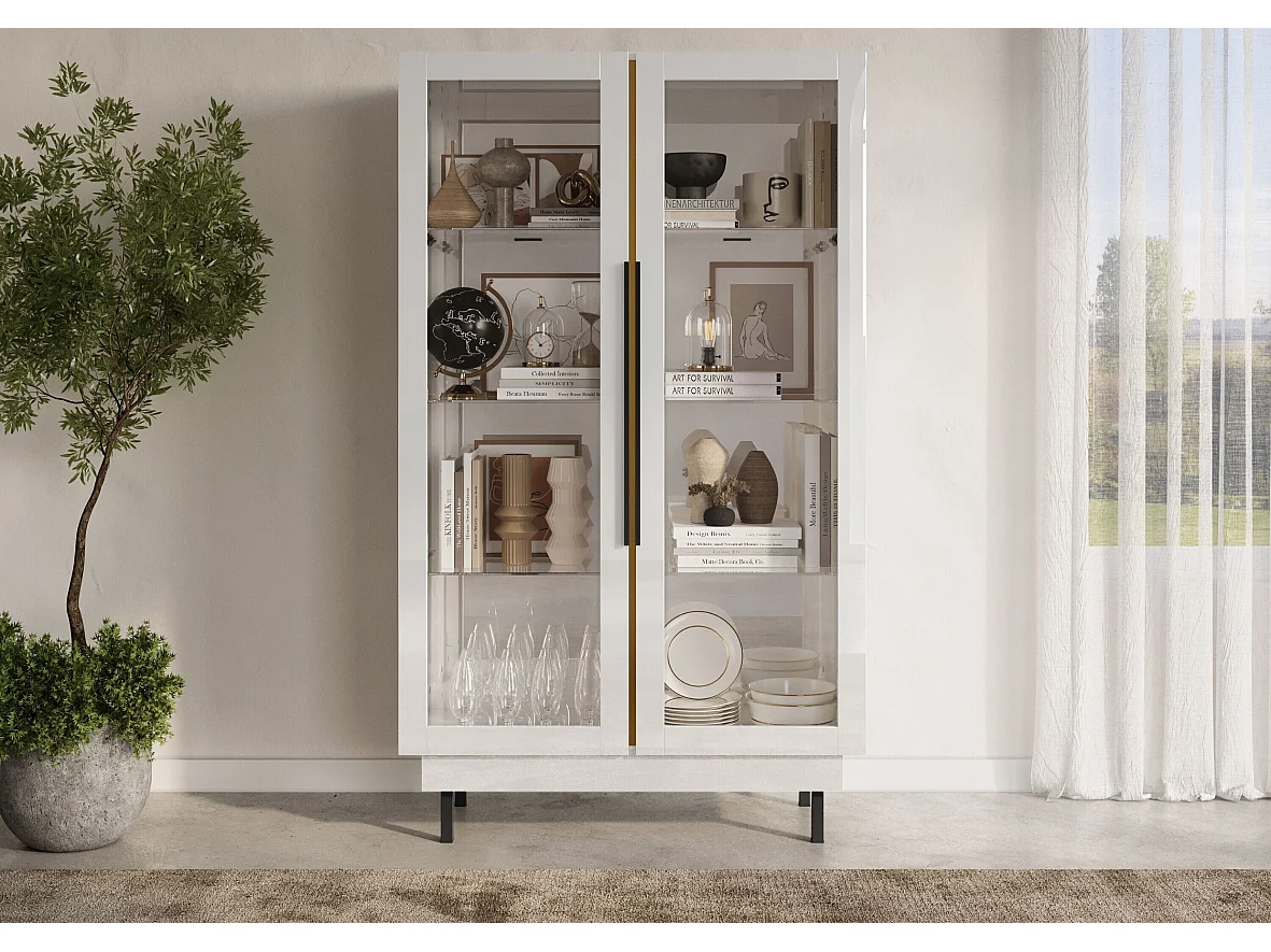 Elegancka biała witryna Dancan ARTEMISA ze złotymi dodatkami / szer. 100 cm