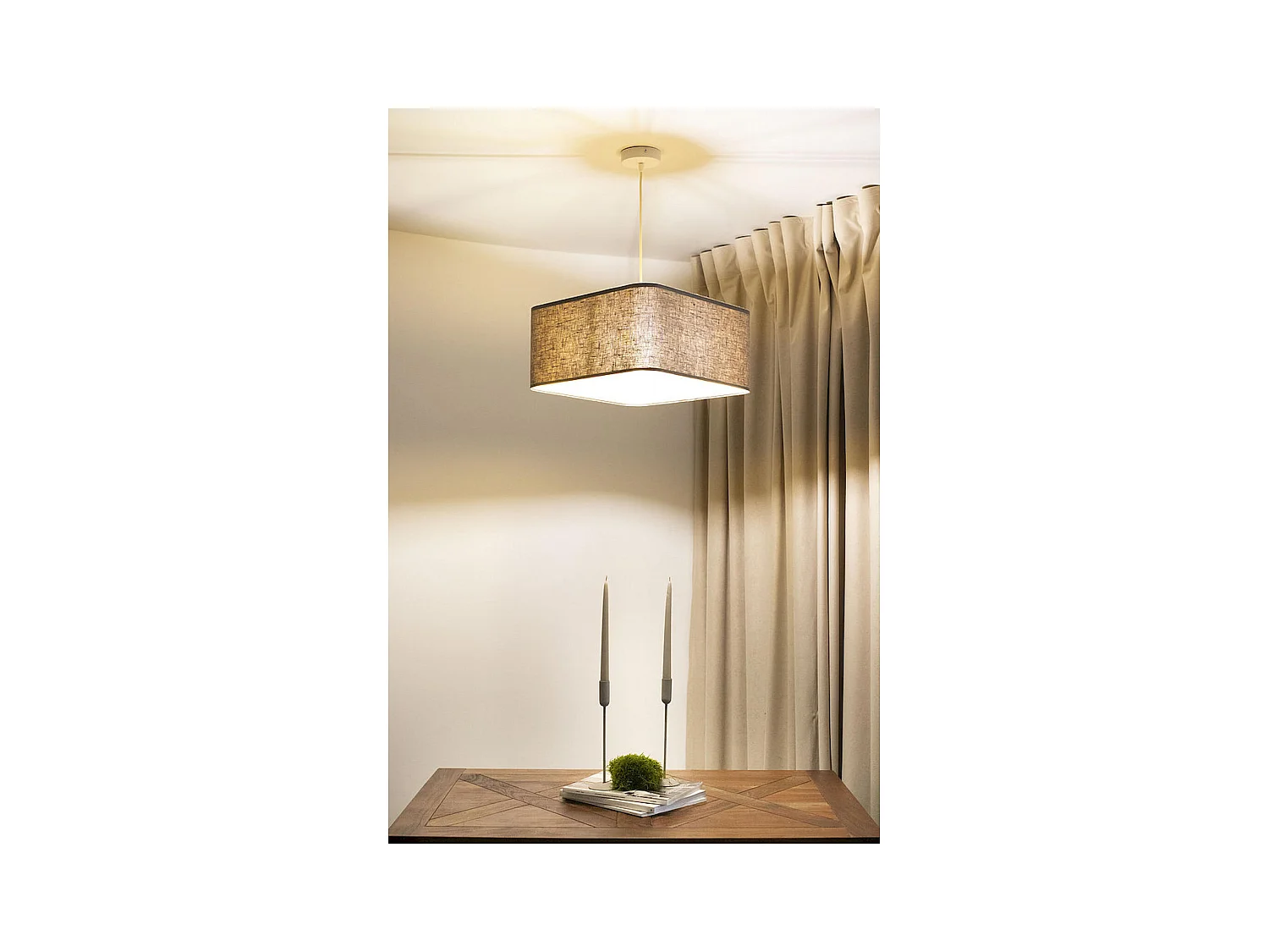 Suspension textile lin beige élégance dorée - Hauteur 30 cm