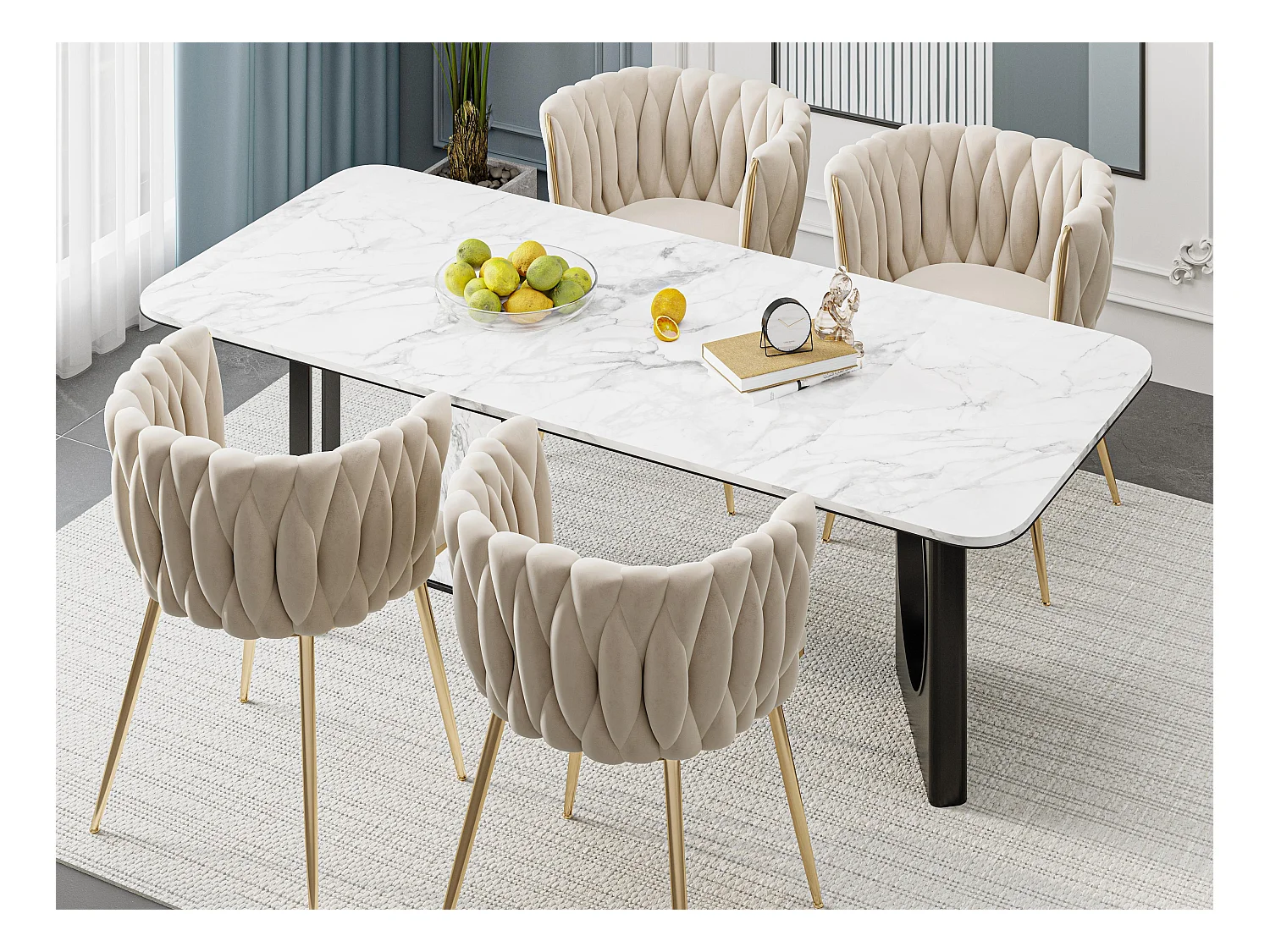 Lot de 4 Chaises Coquillage au Dossier Canné et aux Pieds Dorés - Blanc Ivoire, Élégance Bohème