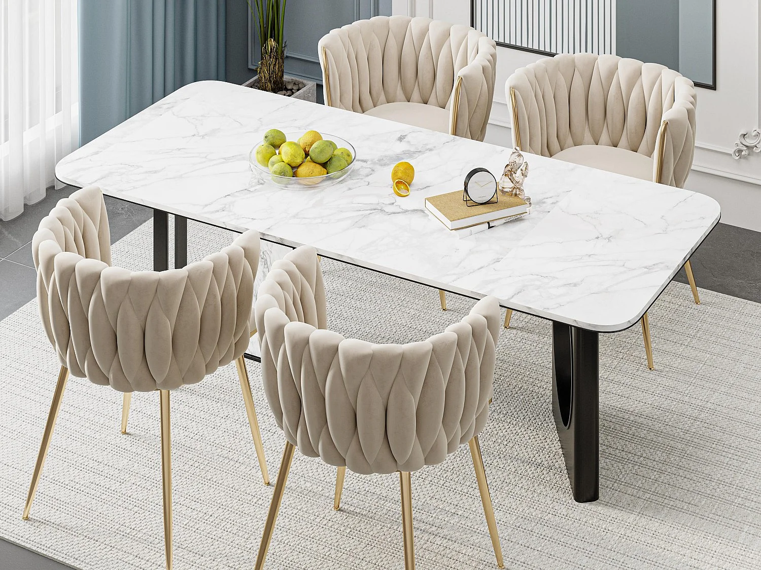 Eetkamerstoel / fauteuil van fluweel - set van 4 - frame van goudkleurig metaal, beige