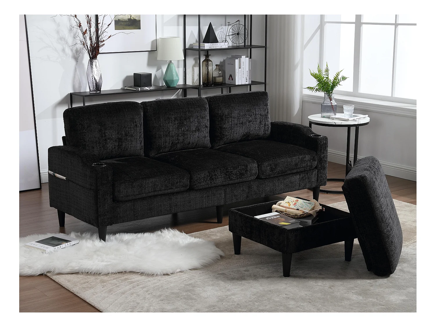 Canapé 3 places en tissu chenille Noir – avec repose‑pieds mobile coffre & porte‑gobelet – idéal pour salon et bureau - 196.5x75x77cm